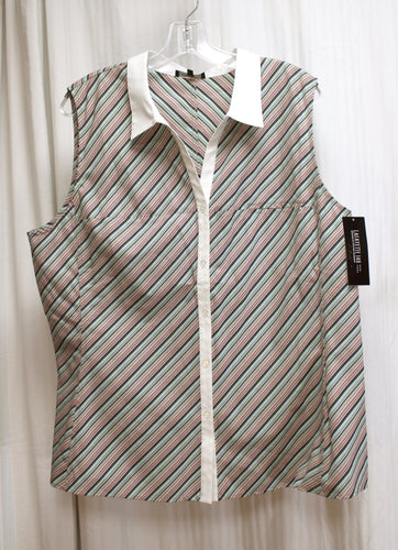 Lafayette 148 - V-Neck Button Front Diagonal Stripe Tunic w/ Contrast Collar - Size 16  (w/ Tag)