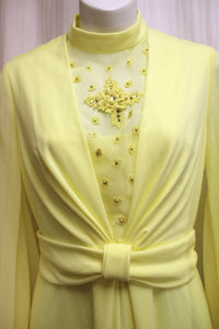 Vintage 70's - Handmade Yellow Maxi Gown w/ Chiffon Angel Sleeves & Sheer Chest Panel w/ Beads & Embellishments - Size S (approx, See Measurements)