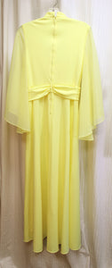 Vintage 70's - Handmade Yellow Maxi Gown w/ Chiffon Angel Sleeves & Sheer Chest Panel w/ Beads & Embellishments - Size S (approx, See Measurements)
