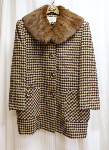 Vintage Brown & Tan Houndstooth Wool Coat w/ Removeable Fur Collar - Size L ( See Measurements)