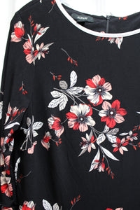 Alfani - Black Floral Fit & Flare Jersey Dress w/ Bell Sleeves & Flirty Hem w/ Piping Details - Size 16