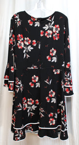 Alfani - Black Floral Fit & Flare Jersey Dress w/ Bell Sleeves & Flirty Hem w/ Piping Details - Size 16