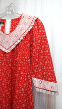Load image into Gallery viewer, Vintage 70&#39;s - Hawaii (Sears) Red &amp; White Floral w/ Eyelet Lace Yoke &amp; Asymmetrical Sleeve Details House Dress - Size 7 (Vintage Sizing - See Measurements)