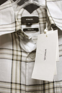 Men's Vince. - Classic Fit, White w/ Light Tan & Black Check Plaid, Short Sleeve Button Up Shirt - Size S (w/ Tags)