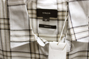 Men's Vince. - Classic Fit, White w/ Light Tan & Black Check Plaid, Short Sleeve Button Up Shirt - Size S (w/ Tags)