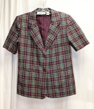 Load image into Gallery viewer, Vintage - Fundamental Things - Plum &amp; Green Plaid, Linen &amp; Cotton Blend, Short Sleeve 2 Button Blazer - Size: 6 PETITE