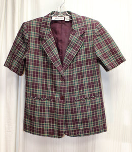 Vintage - Fundamental Things - Plum & Green Plaid, Linen & Cotton Blend, Short Sleeve 2 Button Blazer - Size: 6 PETITE