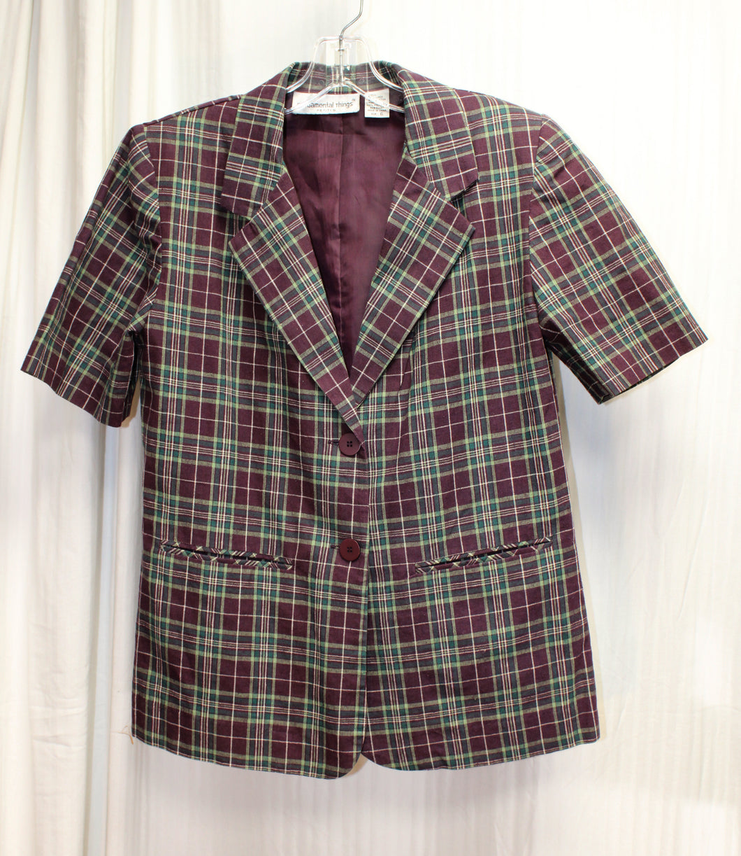 Vintage - Fundamental Things - Plum & Green Plaid, Linen & Cotton Blend, Short Sleeve 2 Button Blazer - Size: 6 PETITE