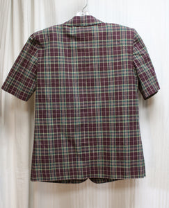 Vintage - Fundamental Things - Plum & Green Plaid, Linen & Cotton Blend, Short Sleeve 2 Button Blazer - Size: 6 PETITE