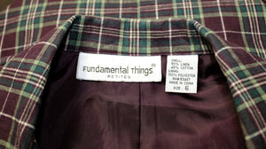 Vintage - Fundamental Things - Plum & Green Plaid, Linen & Cotton Blend, Short Sleeve 2 Button Blazer - Size: 6 PETITE
