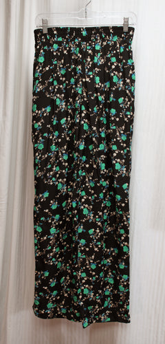 Vintage - Claire McCardell - Lightweight & Flowy Black w/ Blue & Green Floral Elastic Waist Pants - Size 8