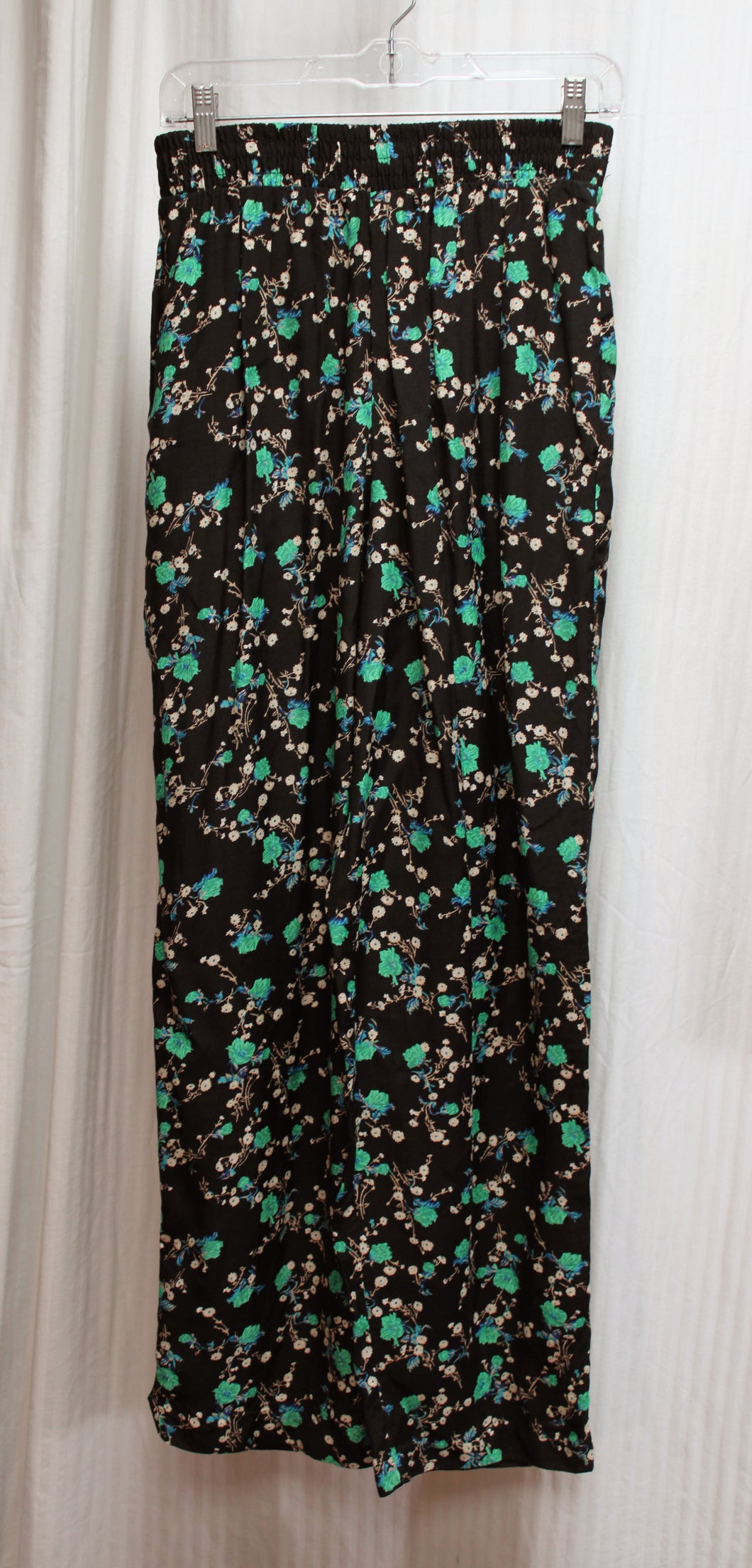 Vintage - Claire McCardell - Lightweight & Flowy Black w/ Blue & Green Floral Elastic Waist Pants - Size 8