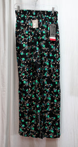 Vintage - Claire McCardell - Lightweight & Flowy Black w/ Blue & Green Floral Elastic Waist Pants - Size 8