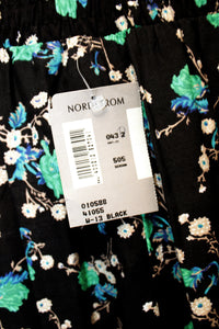 Vintage - Claire McCardell - Lightweight & Flowy Black w/ Blue & Green Floral Elastic Waist Pants - Size 8