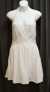 American Eagle - White Cotton Halter Mini Dress w/ Smocked Back & Cute Front Pockets - Size XS