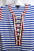 Load image into Gallery viewer, J. Crew - Red, White &amp; Blue Stripe 3/4th Sleeve Lace Up Neckline Midi Dress - Size XXS