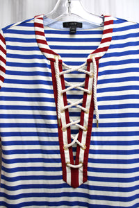 J. Crew - Red, White & Blue Stripe 3/4th Sleeve Lace Up Neckline Midi Dress - Size XXS