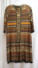 Load image into Gallery viewer, Emma &amp; Michele - Earth Tones, Jersey Bohemian Print Shift Dress w/ Faux Suede Borders- Size L (w/ Tag)