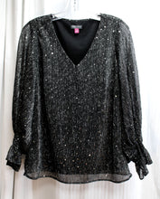Load image into Gallery viewer, Vince Camuto - Black w/ Metallic Silver Threads &amp; Sequins V-Neck Blouse w/ Ruffle Cuffs, 3/4th Sleeves - Size M