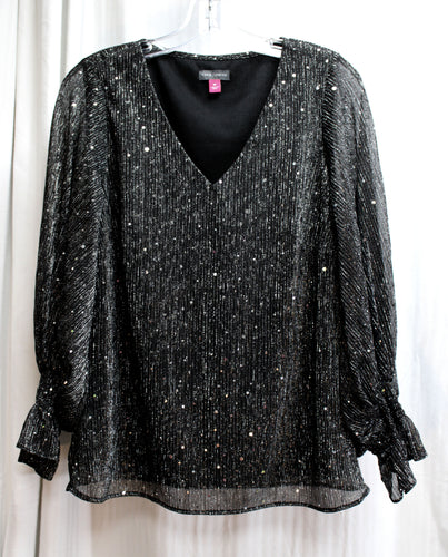 Vince Camuto - Black w/ Metallic Silver Threads & Sequins V-Neck Blouse w/ Ruffle Cuffs, 3/4th Sleeves - Size M