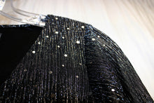 Load image into Gallery viewer, Vince Camuto - Black w/ Metallic Silver Threads &amp; Sequins V-Neck Blouse w/ Ruffle Cuffs, 3/4th Sleeves - Size M