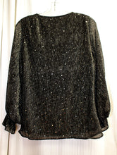 Load image into Gallery viewer, Vince Camuto - Black w/ Metallic Silver Threads &amp; Sequins V-Neck Blouse w/ Ruffle Cuffs, 3/4th Sleeves - Size M