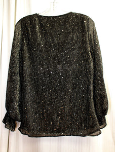 Vince Camuto - Black w/ Metallic Silver Threads & Sequins V-Neck Blouse w/ Ruffle Cuffs, 3/4th Sleeves - Size M