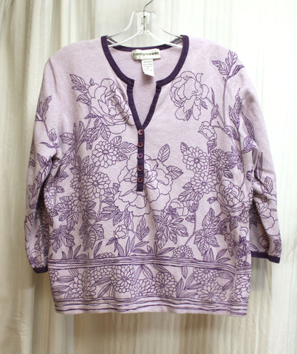 Cathy Daniels - Lavender & Purple Floral, V-Neck 3/4th Sleeve Pullover Sweater - Size M