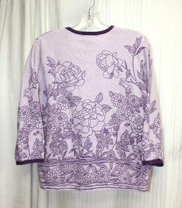 Cathy Daniels - Lavender & Purple Floral, V-Neck 3/4th Sleeve Pullover Sweater - Size M