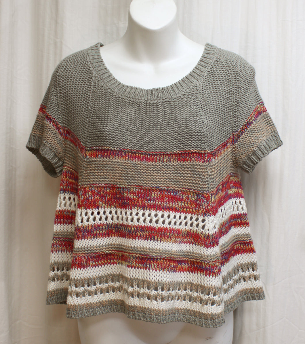 Hazel (Anthropologie) - Cropped Short Sleeve Partial Open Weave A-Line Boat Neck Pullover Sweater - Size S