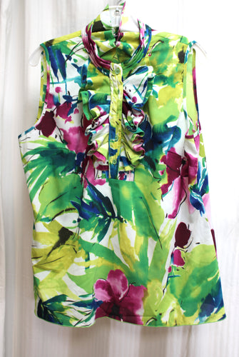Spense - Bright Abstract Floral Watercolor, Sleeveless Romantic Ruffle Neckline Button Front Blouse - Size XL