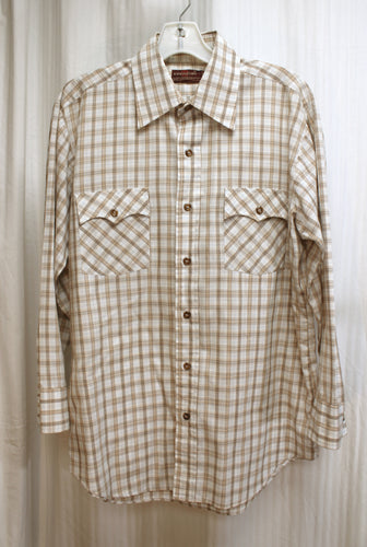 Men's Vintage - Kingsport White & Brown Long Sleeve Western Flap Pocket Shirt - Size M
