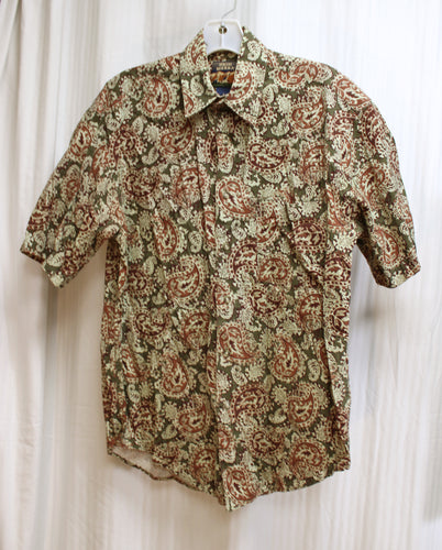 Men's Vintage - High Sierra -  Green & Brown Short Sleeve Paisley Button Front Shirt - Size S