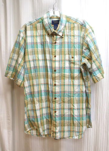 Men's Vintage - Cambridge Classics - Short Sleeve Green & Tan Button Down Shirt - Size L