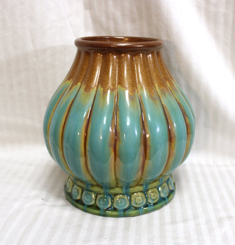 Vintage Mid Century  Teal & Brown Glazed Ceramic Vase 10.25