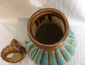 Vintage Mid Century  Teal & Brown Glazed Ceramic Vase w/ Lid -16.5" H