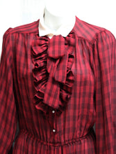 Load image into Gallery viewer, Vintage - East West of California - Red and Black Plaid, Sheer Ruffle Front Secretary&#39;s Dress w/ Beige Collar &amp; Cuffs - Size M (Vintage Sizing, Runs Small, See Measurements 22&quot; Unstretched Waist)