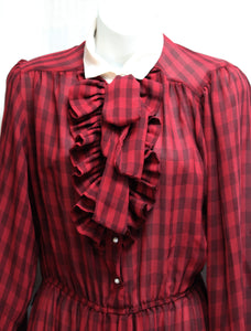 Vintage - East West of California - Red and Black Plaid, Sheer Ruffle Front Secretary's Dress w/ Beige Collar & Cuffs - Size M (Vintage Sizing, Runs Small, See Measurements 22" Unstretched Waist)