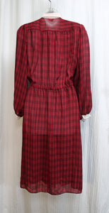 Vintage - East West of California - Red and Black Plaid, Sheer Ruffle Front Secretary's Dress w/ Beige Collar & Cuffs - Size M (Vintage Sizing, Runs Small, See Measurements 22" Unstretched Waist)