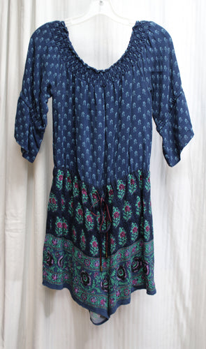 Ett:twa by Anthropologie - Blue Smocked Scoop Neck, Floral Boho Print, Elastic & Drawstring Waist Playsuit - Size S