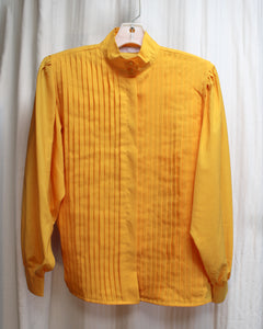 Vintage - Laura and Jayne - Yellow Orange, Lightweight  Pleated Front Hidden Placket Button Front Long Sleeve Puff Blouse - Size 8