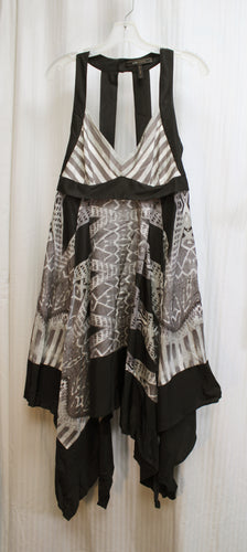 BCBG Maxazaria - Black & Gray 100% Silk Strappy Low Back Hancercheif Hem Flowy Dress - Size M