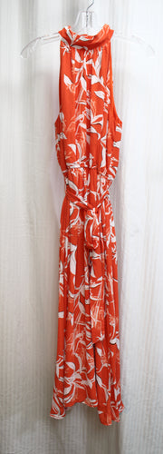 Worthington - Orange & white w/ Black Accents Floral, High Neck Sleeveless Elastic & Tie Waist Dress - Size 12