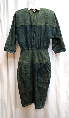 Vintage - Plati - Green & Blue Acid Wash Snap Front 1/2 Sleeve Dress - 7/8 (Vintage, See Measurements)