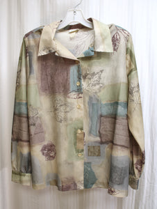 Vintage - Blair Boutique- Watercolor & leaf Print Semi Sheer, Button Front Shirt - Size L