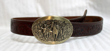 Load image into Gallery viewer, Vintage - Award Design Medals Brass Floral &amp; Filagree Bull Roping Buckle w/ Silver Creem Brown Leather Belt - Waist 34.5&quot;-39&quot;