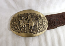 Load image into Gallery viewer, Vintage - Award Design Medals Brass Floral &amp; Filagree Bull Roping Buckle w/ Silver Creem Brown Leather Belt - Waist 34.5&quot;-39&quot;
