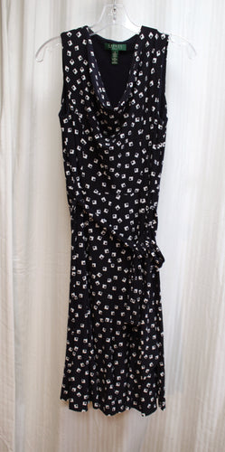 Lauren, Ralph Lauren - Midnight Blue & White Print Sleeveless Elastic & Tie Waist Jersey Dress - Size 2