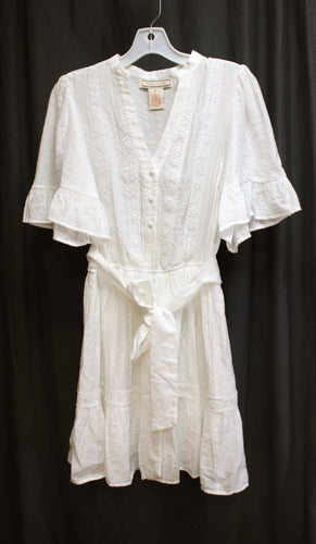 Flying Tomato - White Light Weight Short Ruffle Sleeve Fit & Flare w/ Tie Belt,  Embroidered Trim Detailing Dress - Size M