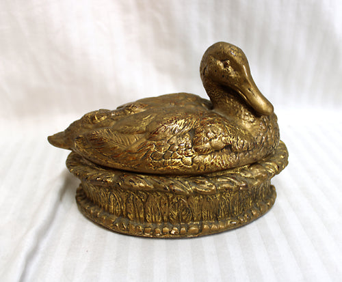 Vintage - Old Gold/Brass Painted Ceramic Duck Trinket Box - 7.75